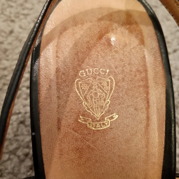 Gucci Italy Vintage Gold Bit Black Red Leather Sandals Heels Slides Shoes sz 38 - Picture 7 of 9